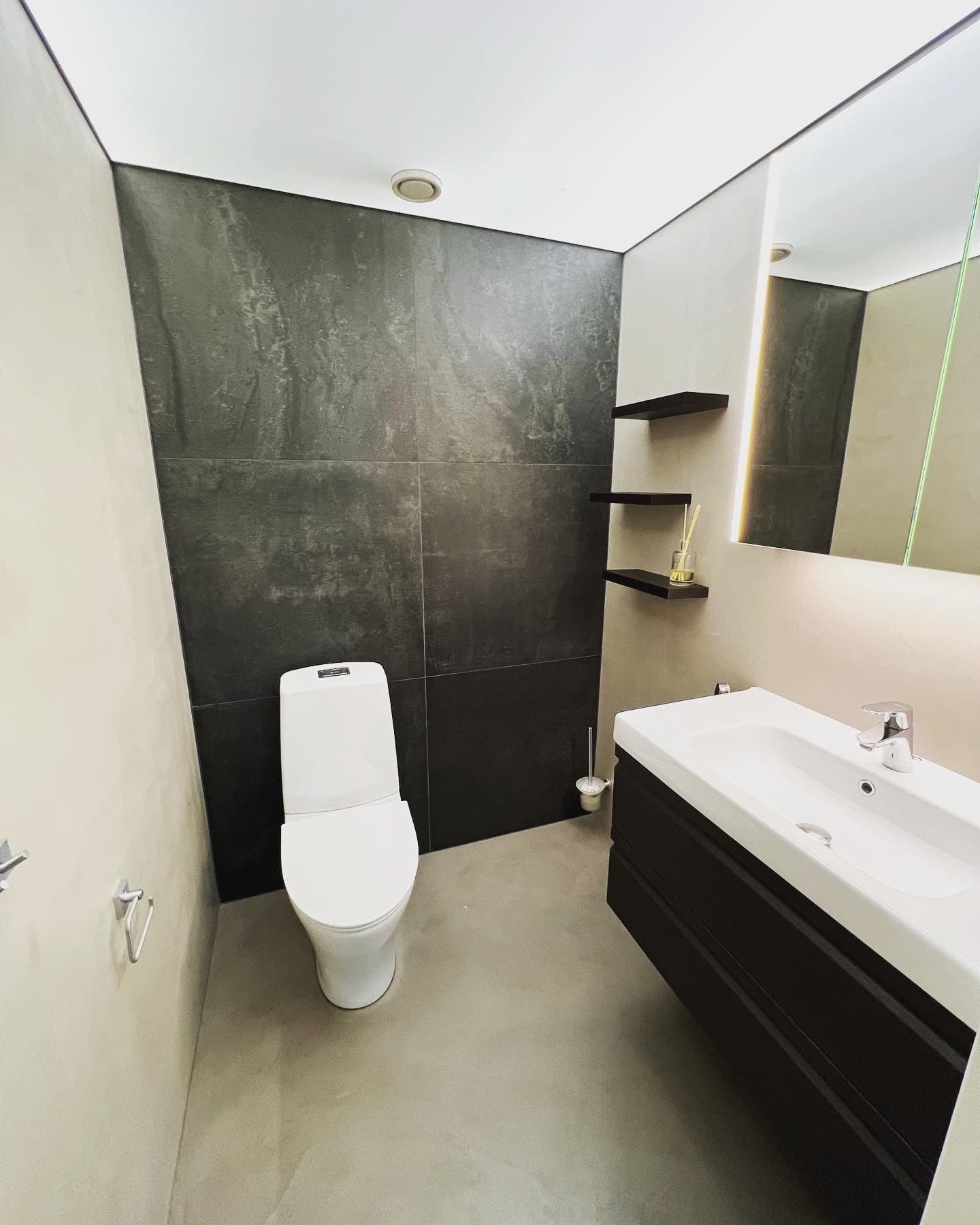 Viimeistelty WC-tila, tumma laatoitus ja valaistu peili